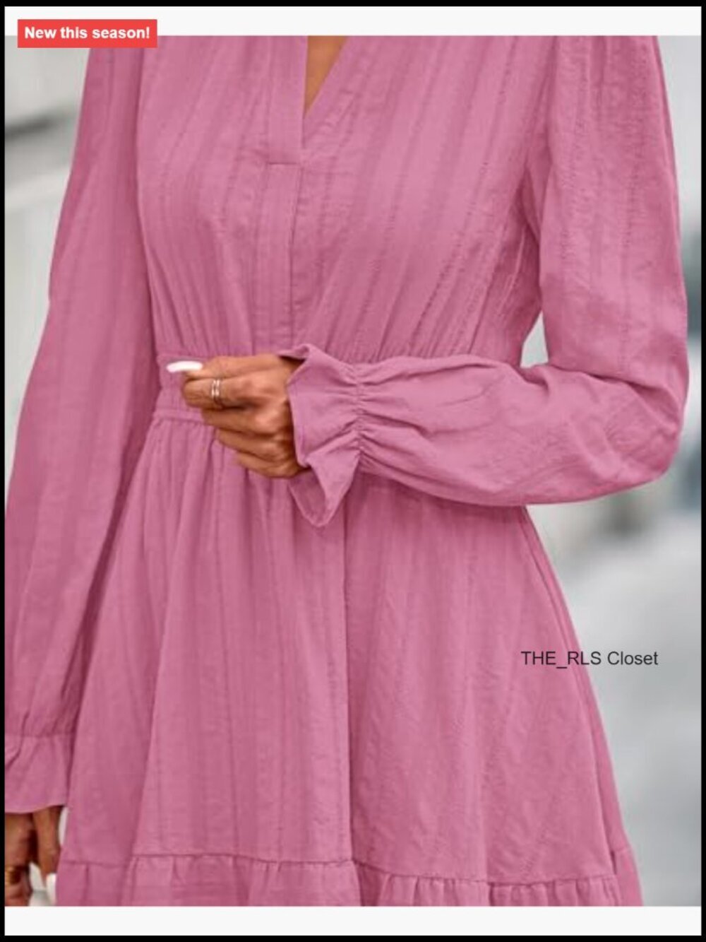 Long Sleeve V Neck A Line Mini Dress with Elastic Waist - Picture 6 of 7
